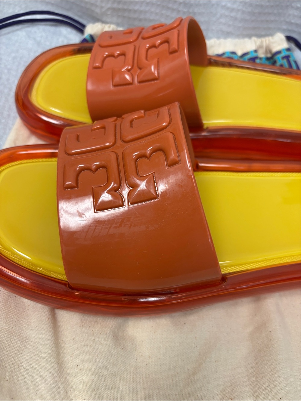 Tory Burch Yellow and Orange Jelly Logo Slide Sandals - Picture 4 of 5